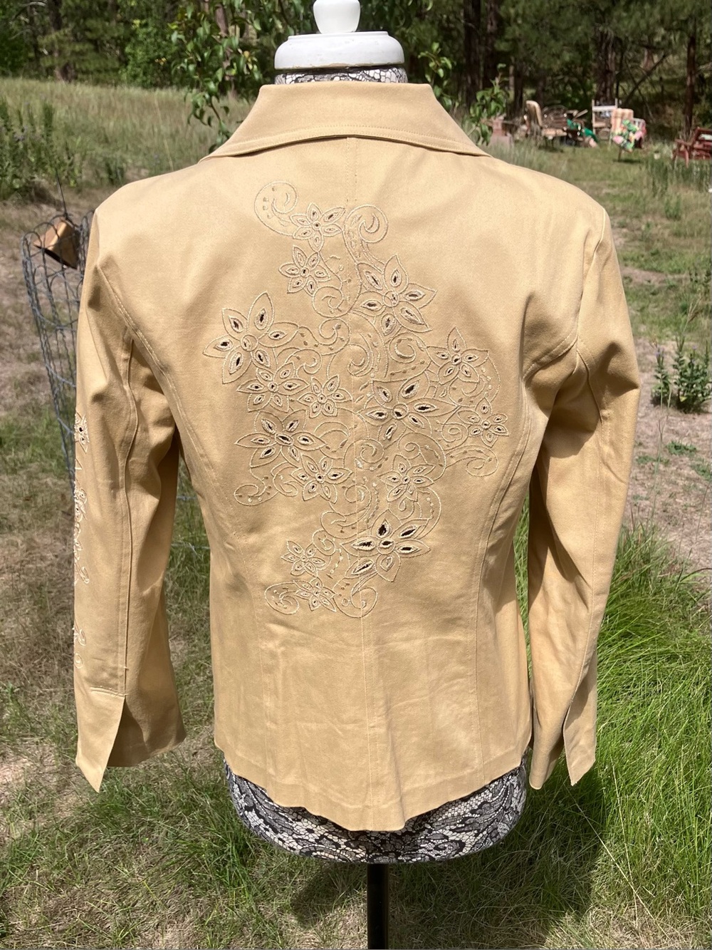 Susan Graver Embroidered Cutwork Blazer in Tan